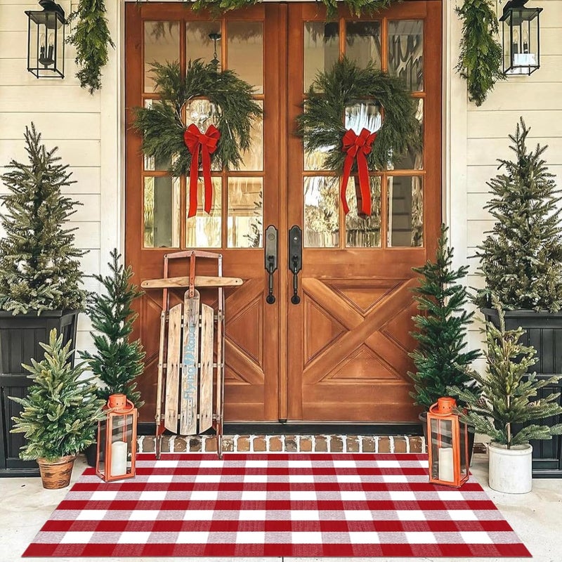 Fallovea Christmas Rugs Red and White Plaid, 4'x6' Area Rug Outdoor Indoor Front Porch Doormat Cotton Hand-Woven Layered Door Mats for Entryway Patio Entryway Laundry Bedroom Living Room - Image 1
